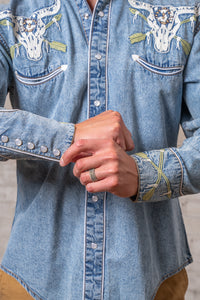 Men's Vintage Denim Steer Skull Arrow Chain Stitch Embroidered Western Shirt by Rockmount Ranch Wear in vintage denim with fringe