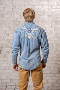 Men's Vintage Denim Steer Skull Arrow Chain Stitch Embroidered Western Shirt by Rockmount Ranch Wear, vintage denim