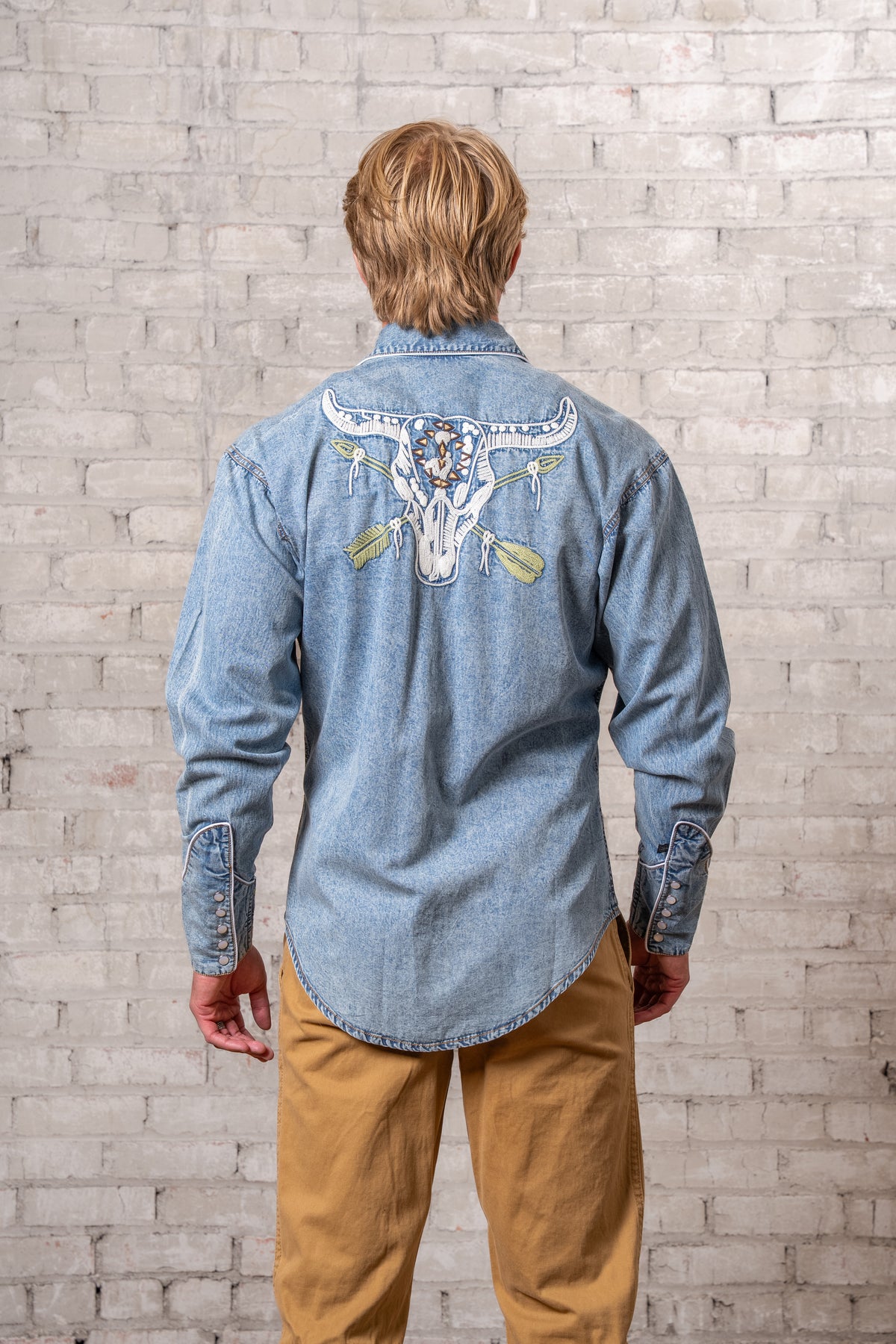 Men's Vintage Denim Steer Skull Arrow Chain Stitch Embroidered Western Shirt by Rockmount Ranch Wear, vintage denim