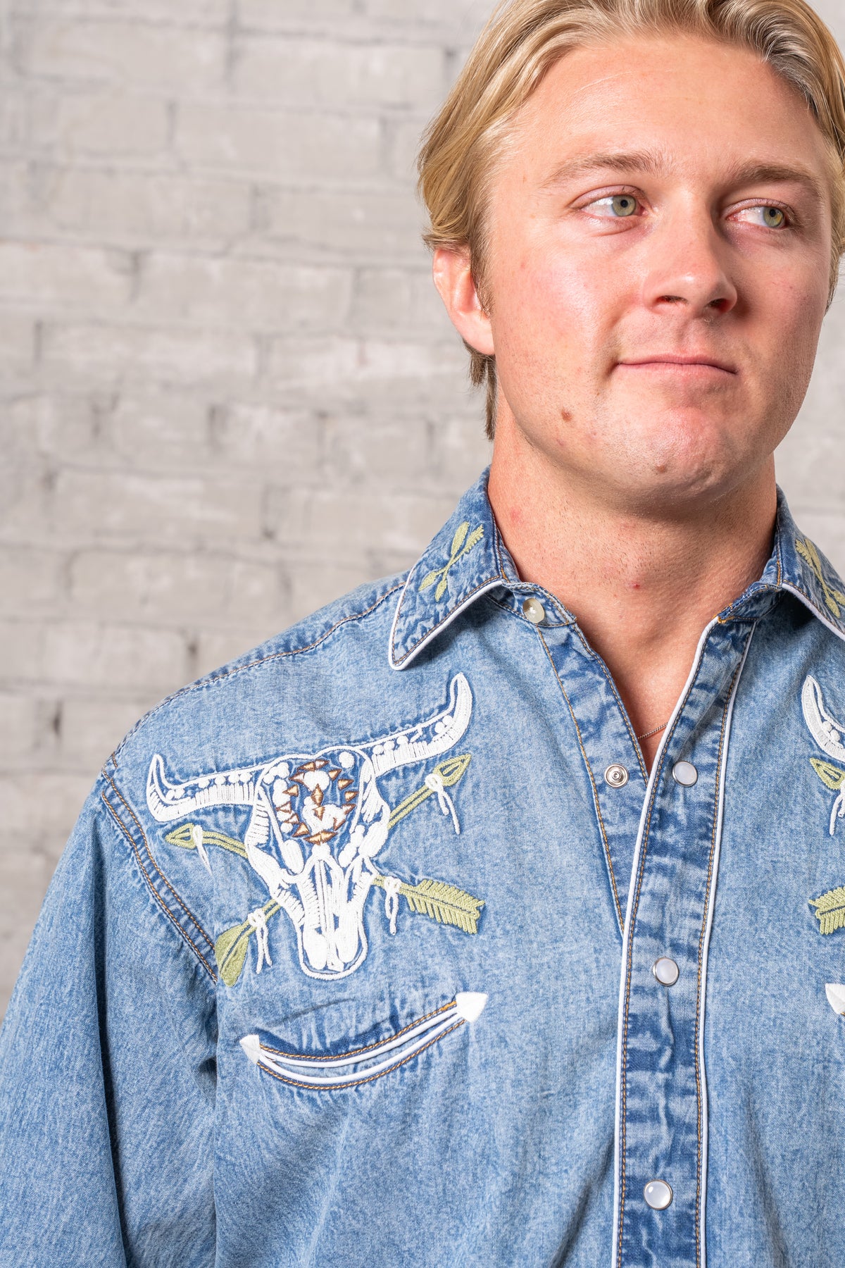 Men's Vintage Denim Steer Skull Arrow Chain Stitch Embroidered Western Shirt by Rockmount Ranch Wear, vintage denim