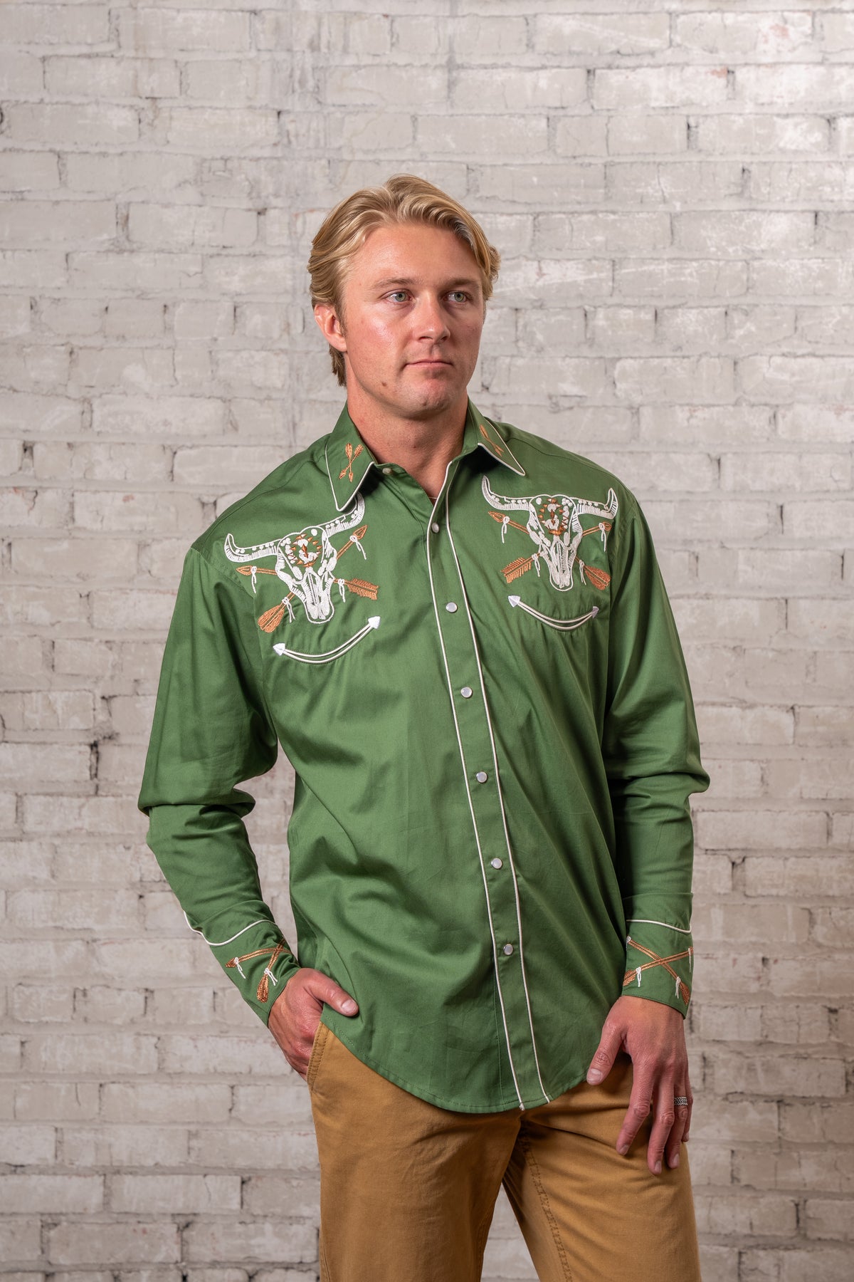 Men's Vintage Green Steer Skull Arrow Chain Stitch Embroidered Western Shirt by Rockmount Ranch Wear