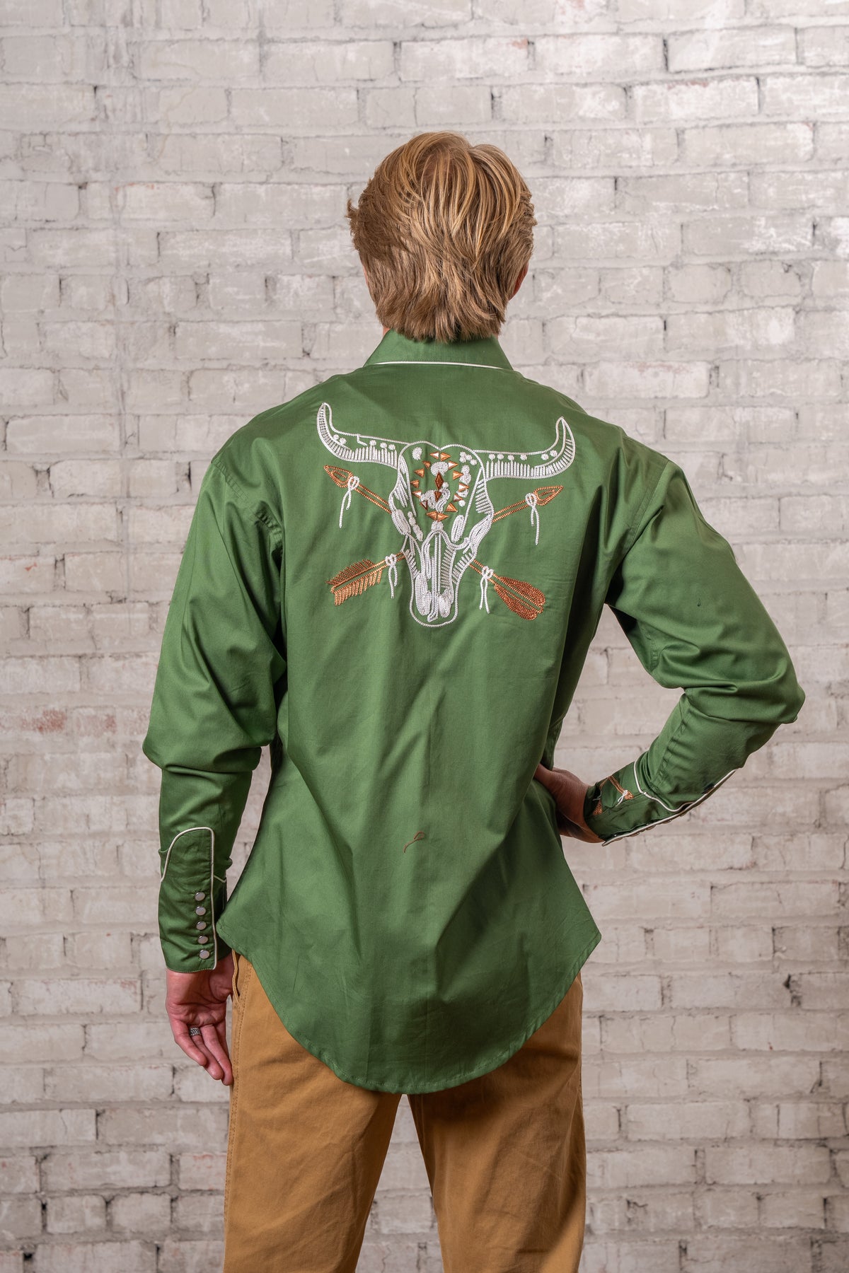 Men's Vintage Green Steer Skull Arrow Chain Stitch Embroidered Western Shirt by Rockmount Ranch Wear
