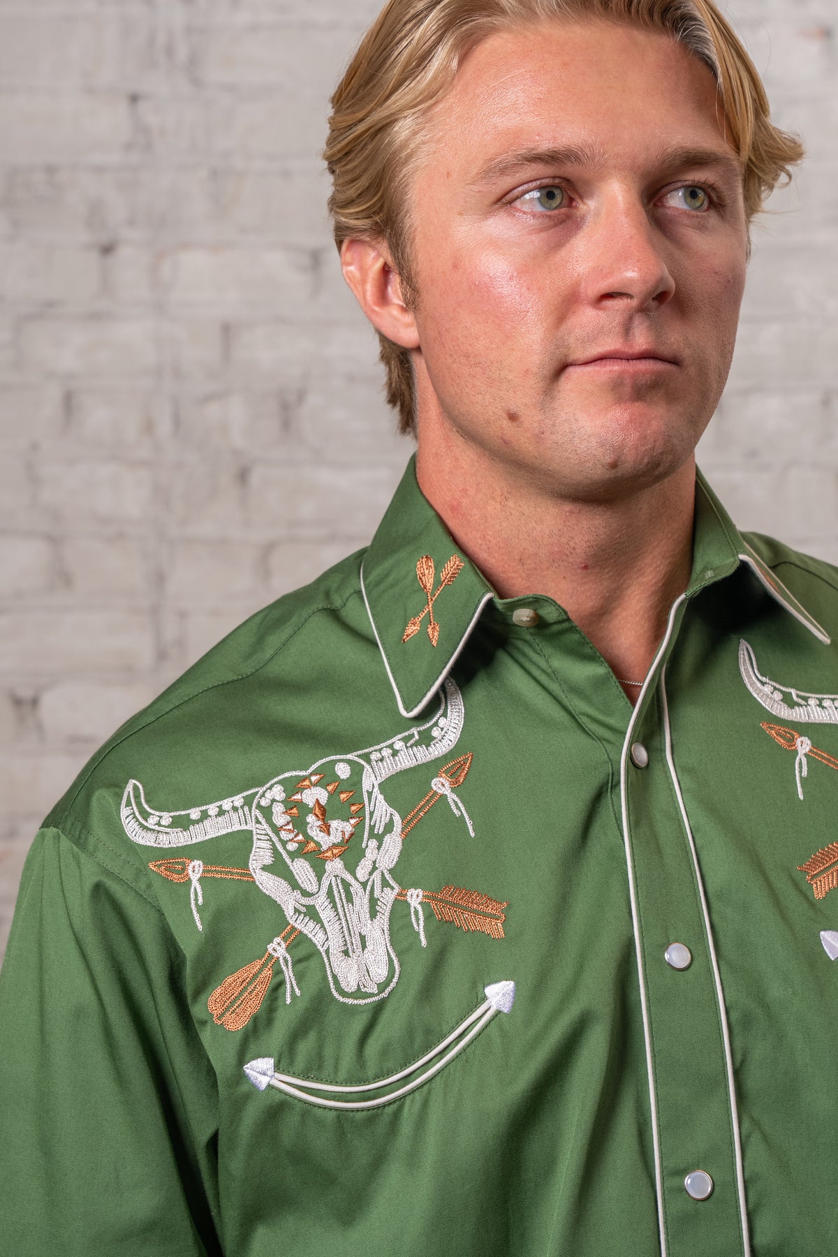 Men's Vintage Green Steer Skull Arrow Chain Stitch Embroidered Western Shirt by Rockmount Ranch Wear with embroidered western shirt