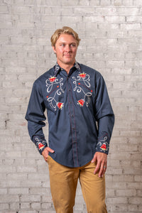 Men's Vintage Navy Art Deco Floral Embroidered Western Shirt by Rockmount Ranch Wear, embroidered western shirt