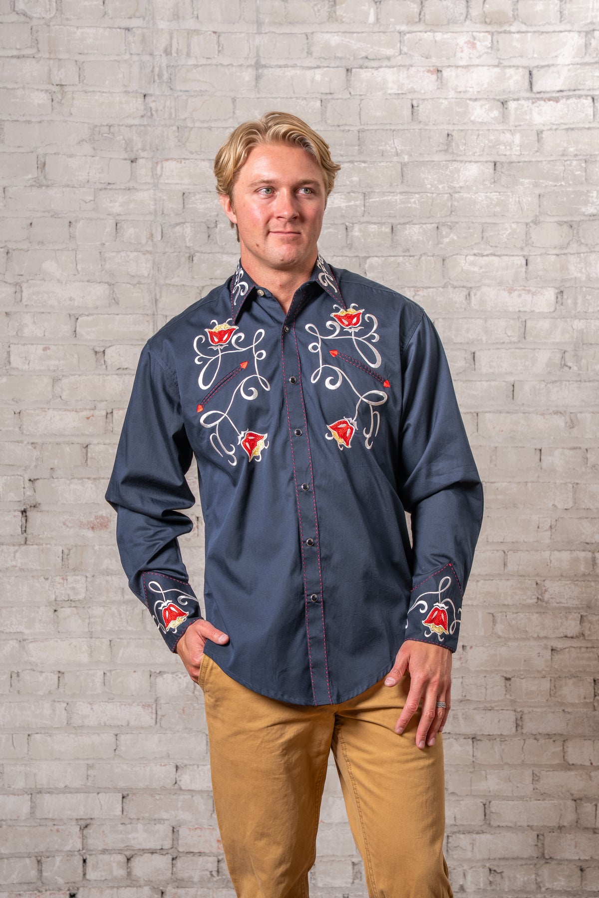 Men's Vintage Navy Art Deco Floral Embroidered Western Shirt by Rockmount Ranch Wear, embroidered western shirt