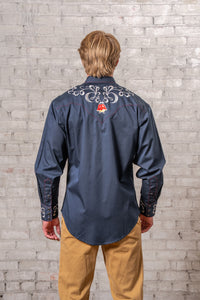Men's Vintage Navy Art Deco Floral Embroidered Western Shirt by Rockmount Ranch Wear with embroidered western shirt