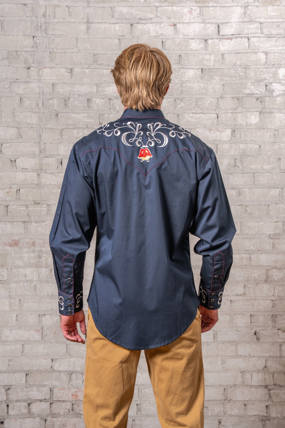 Men's Vintage Navy Art Deco Floral Embroidered Western Shirt by Rockmount Ranch Wear with embroidered western shirt