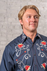 Men's Vintage Navy Art Deco Floral Embroidered Western Shirt by Rockmount Ranch Wear with embroidered floral details