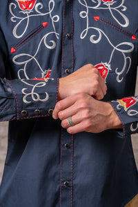 Men's Vintage Navy Art Deco Floral Embroidered Western Shirt by Rockmount Ranch Wear with ornate collar