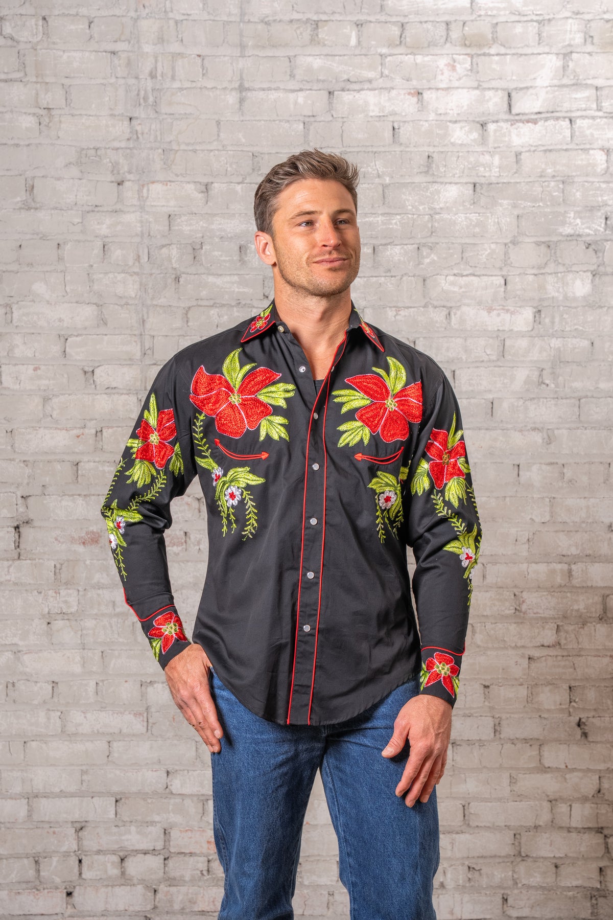 Men's Hawaiian Hibiscus Cotton Gabardine Western Shirt by Rockmount Ranch Wear, vintage embroidered floral fringe