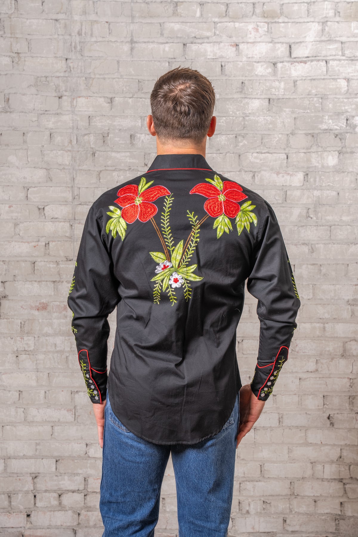 Men's Hawaiian Hibiscus Cotton Gabardine Western Shirt by Rockmount Ranch Wear in vintage black with embroidered floral fringe