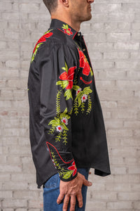 Men's Hawaiian Hibiscus Cotton Gabardine Western Shirt by Rockmount Ranch Wear, vintage floral embroidered details