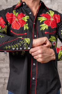 Men's Hawaiian Hibiscus Cotton Gabardine Western Shirt by Rockmount Ranch Wear in vintage floral embroidery