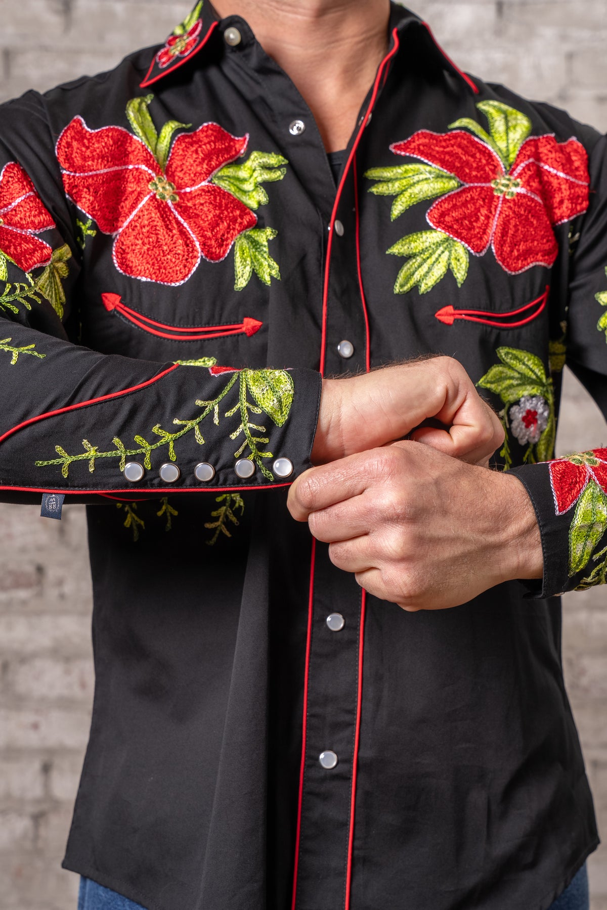 Men's Hawaiian Hibiscus Cotton Gabardine Western Shirt by Rockmount Ranch Wear in vintage floral embroidery