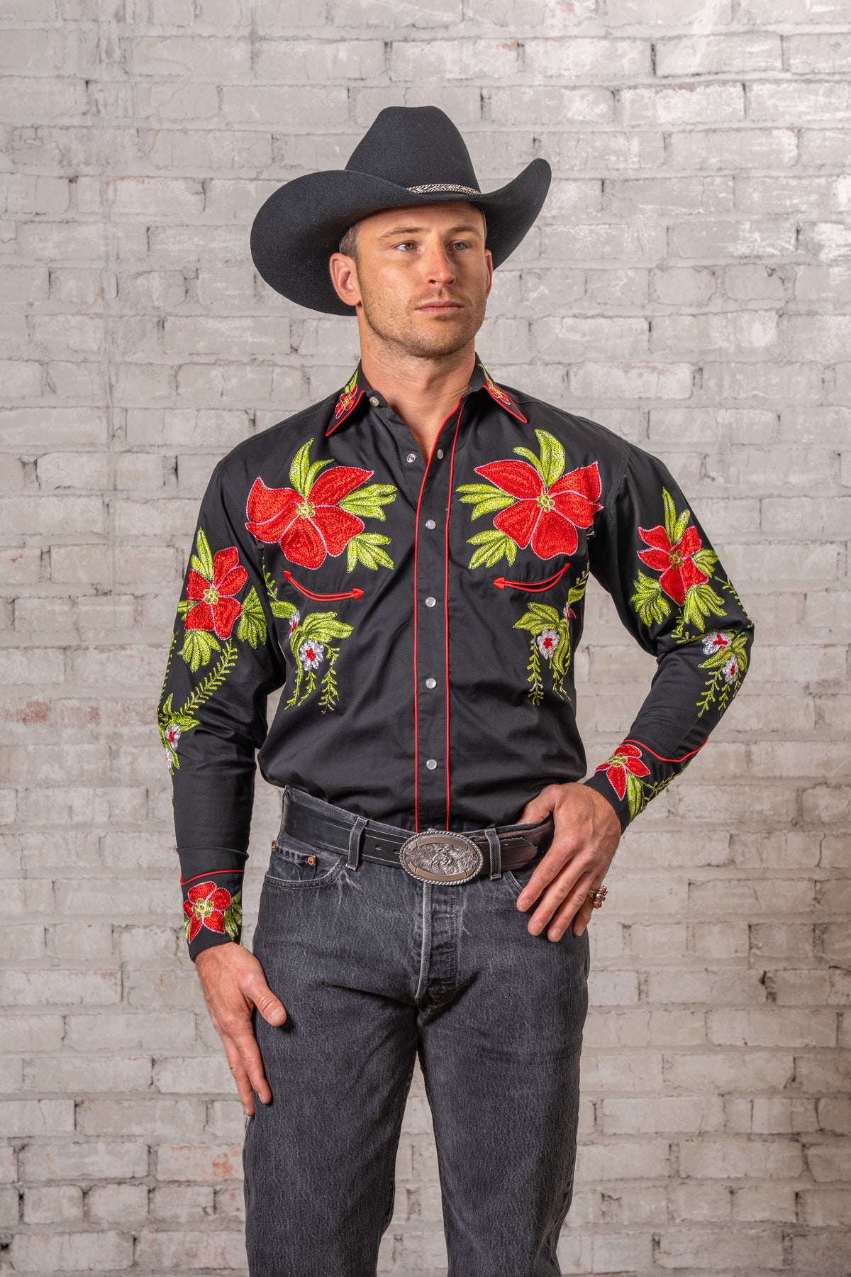 Men's Hawaiian Hibiscus Cotton Gabardine Western Shirt by Rockmount Ranch Wear, embroidered floral vintage western wear