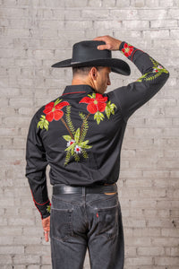 Men's Hawaiian Hibiscus Cotton Gabardine Western Shirt by Rockmount Ranch Wear in vintage floral embroidered denim