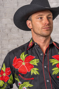 Men's Hawaiian Hibiscus Cotton Gabardine Western Shirt by Rockmount Ranch Wear, vintage embroidered floral cactus