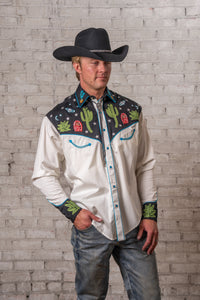 Men's Vintage Black Cactus Stars Chain Stitch Embroidered Western Shirt by Rockmount Ranch Wear, vintage fringe
