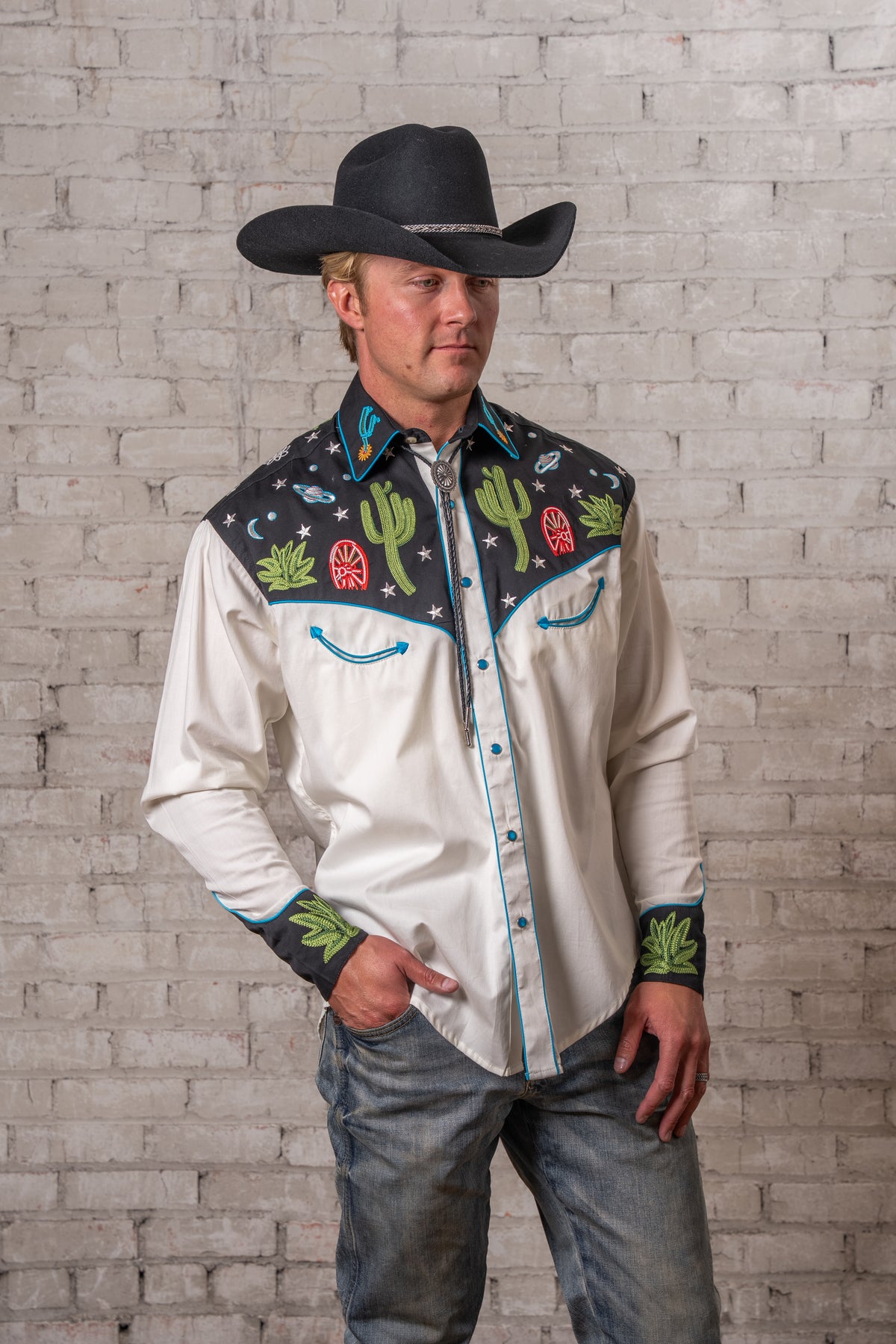 Men's Vintage Black Cactus Stars Chain Stitch Embroidered Western Shirt by Rockmount Ranch Wear, vintage fringe