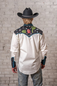 Men's Vintage Black Cactus Stars Chain Stitch Embroidered Western Shirt by Rockmount Ranch Wear