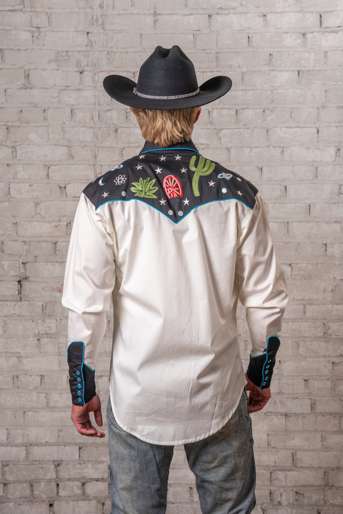 Men's Vintage Black Cactus Stars Chain Stitch Embroidered Western Shirt by Rockmount Ranch Wear