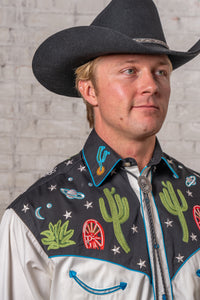 Men's Vintage Black Cactus Stars Chain Stitch Embroidered Western Shirt by Rockmount Ranch Wear with chain-stitch embroidery