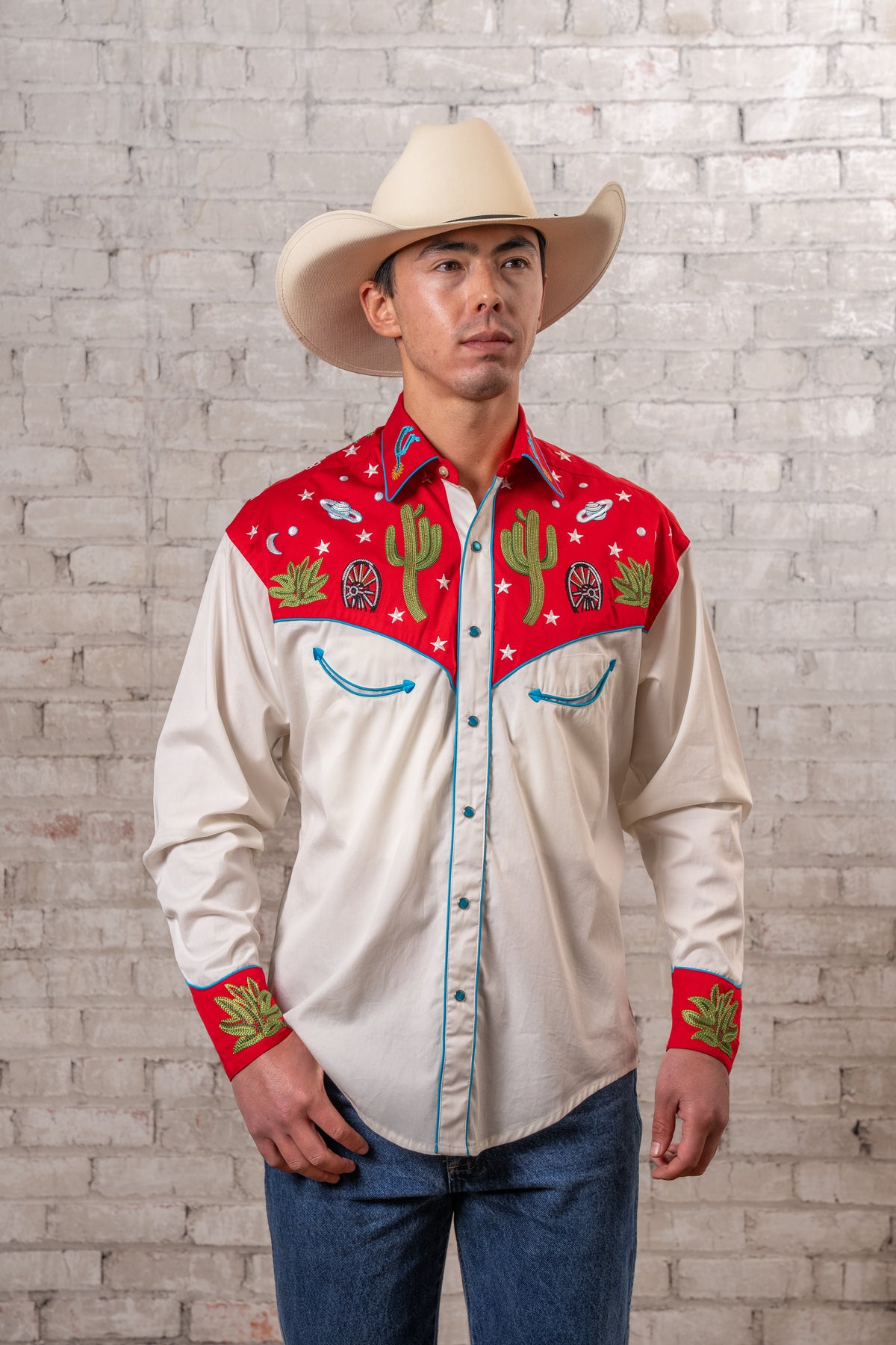 Men's Vintage Red Cactus Stars Chain Stitch Embroidered Western Shirt by Rockmount Ranch Wear with cactus embroidery