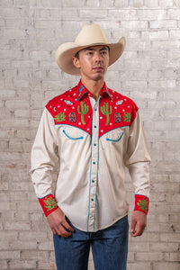 Men's Vintage Red Cactus Stars Chain Stitch Embroidered Western Shirt by Rockmount Ranch Wear with cactus embroidery