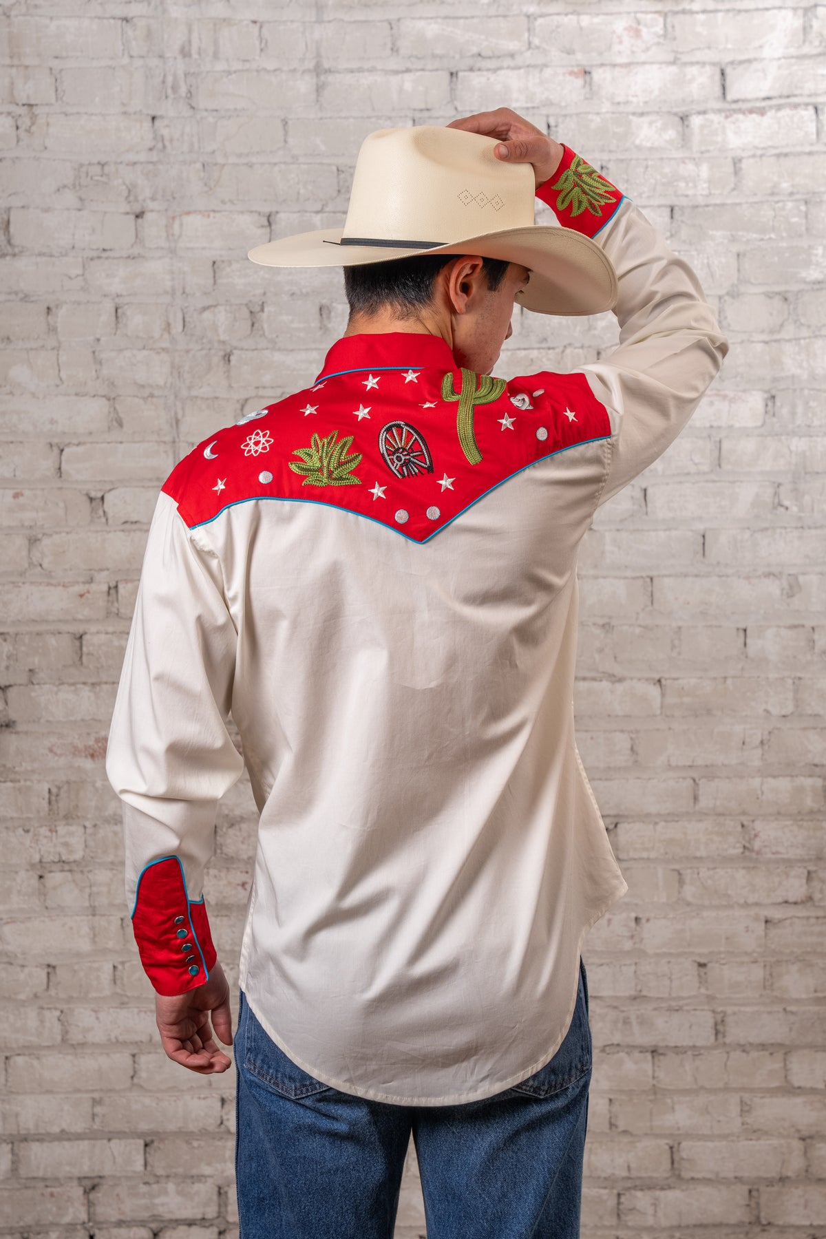 Men's Vintage Red Cactus Stars Chain Stitch Embroidered Western Shirt by Rockmount Ranch Wear with fringe