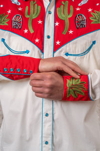 Men's Vintage Red Cactus Stars Chain Stitch Embroidered Western Shirt by Rockmount Ranch Wear with snaps