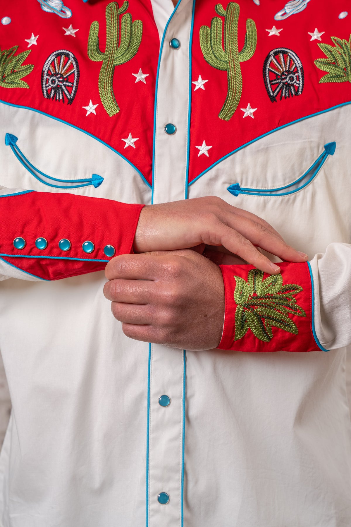 Men's Vintage Red Cactus Stars Chain Stitch Embroidered Western Shirt by Rockmount Ranch Wear with snaps