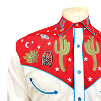 Men's Vintage Red Cactus Stars Chain Stitch Embroidered Western Shirt by Rockmount Ranch Wear with cactus floral