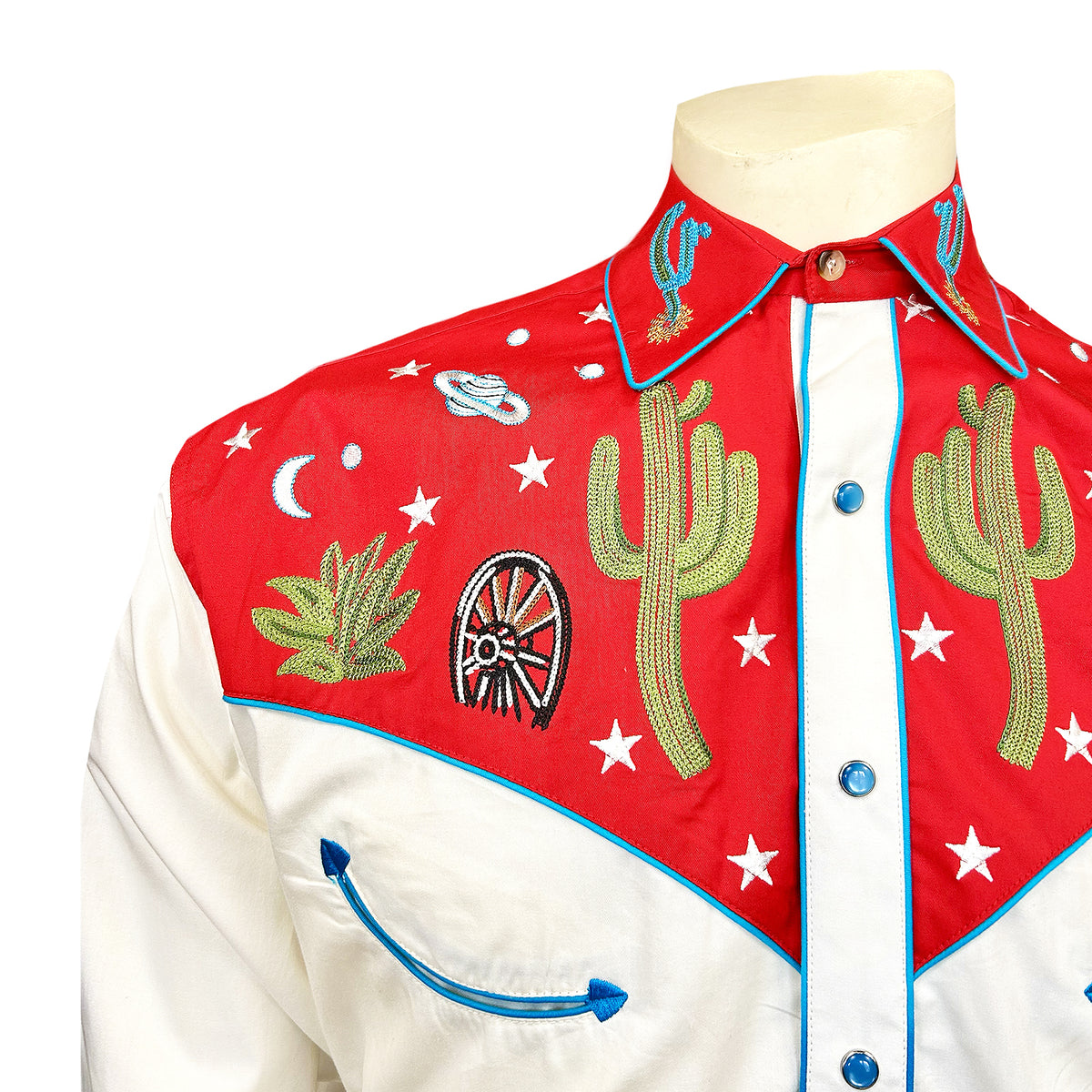 Men's Vintage Red Cactus Stars Chain Stitch Embroidered Western Shirt by Rockmount Ranch Wear with cactus floral