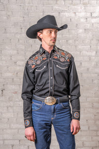 Men's Vintage Black Floral Stars Embroidered Western Shirt by Rockmount Ranch Wear with fringe details