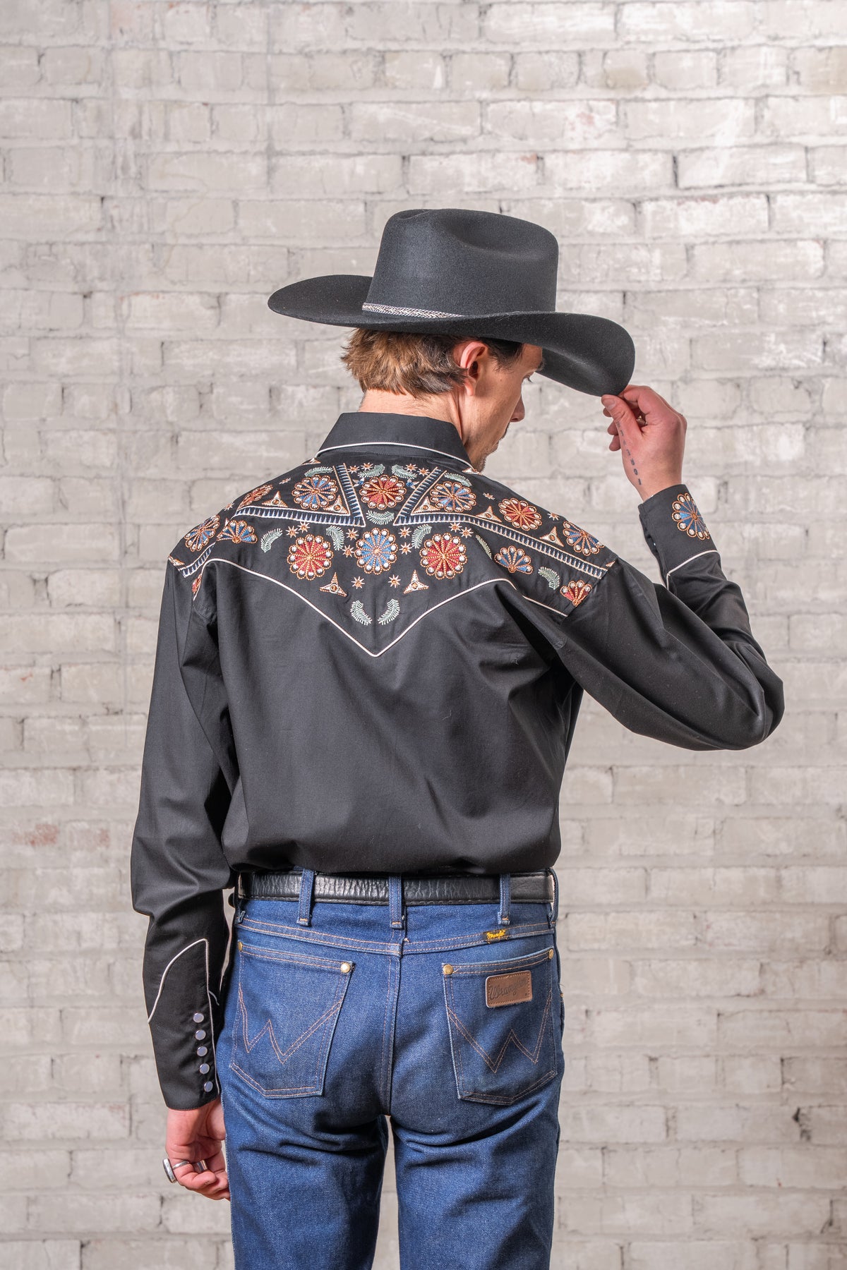 Men's Vintage Black Floral Stars Embroidered Western Shirt by Rockmount Ranch Wear with embroidered western wear