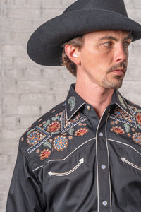 Men's Vintage Black Floral Stars Embroidered Western Shirt by Rockmount Ranch Wear, embroidered western shirt
