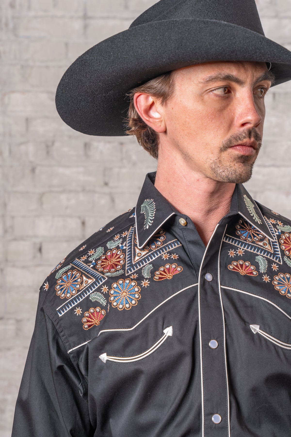 Men's Vintage Black Floral Stars Embroidered Western Shirt by Rockmount Ranch Wear, embroidered western shirt