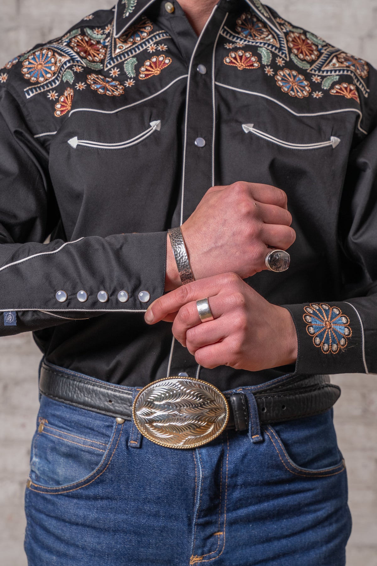 Men's Vintage Black Floral Stars Embroidered Western Shirt by Rockmount Ranch Wear with embroidered western shirt