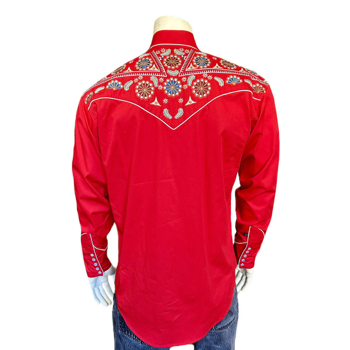 Men's Vintage Red Floral and Stars Embroidered Western Shirt by Rockmount Ranch Wear with embroidered western shirt details
