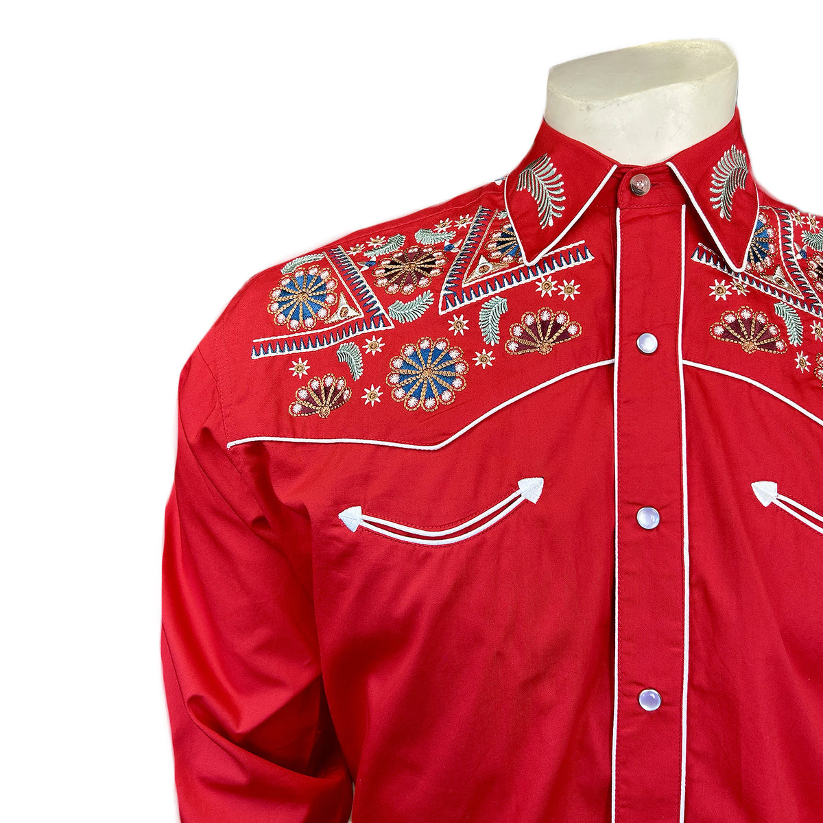 Men's Vintage Red Floral Stars Embroidered Western Shirt by Rockmount Ranch Wear with embroidered western shirt details