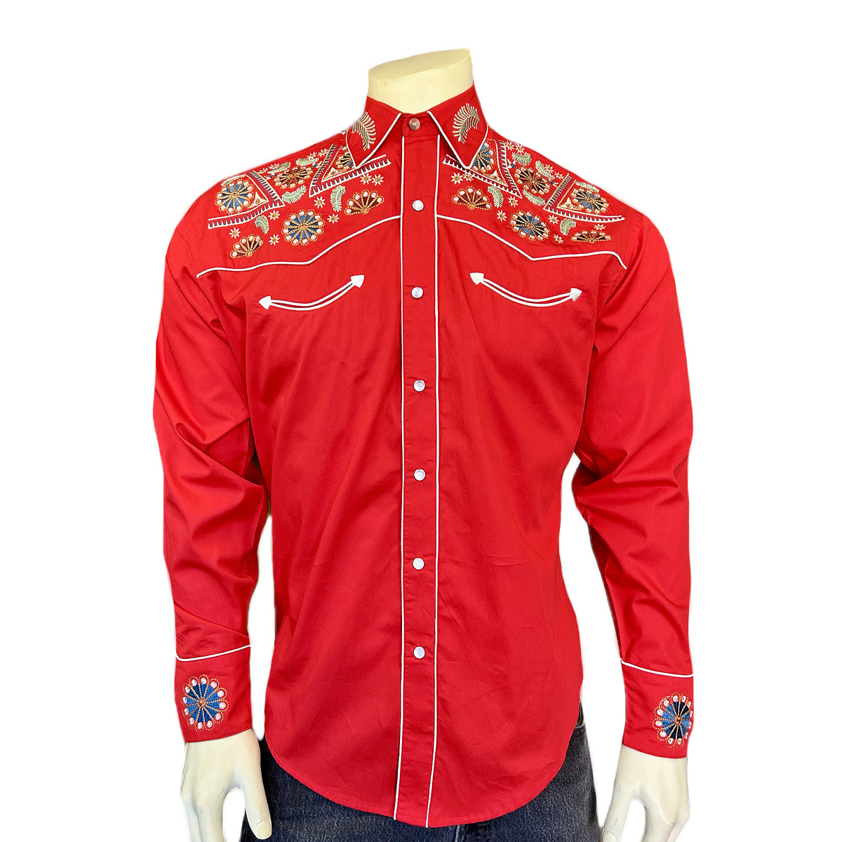 Men's Vintage Red Floral and Stars Embroidered Western Shirt by Rockmount Ranch Wear with western shirt embroidery