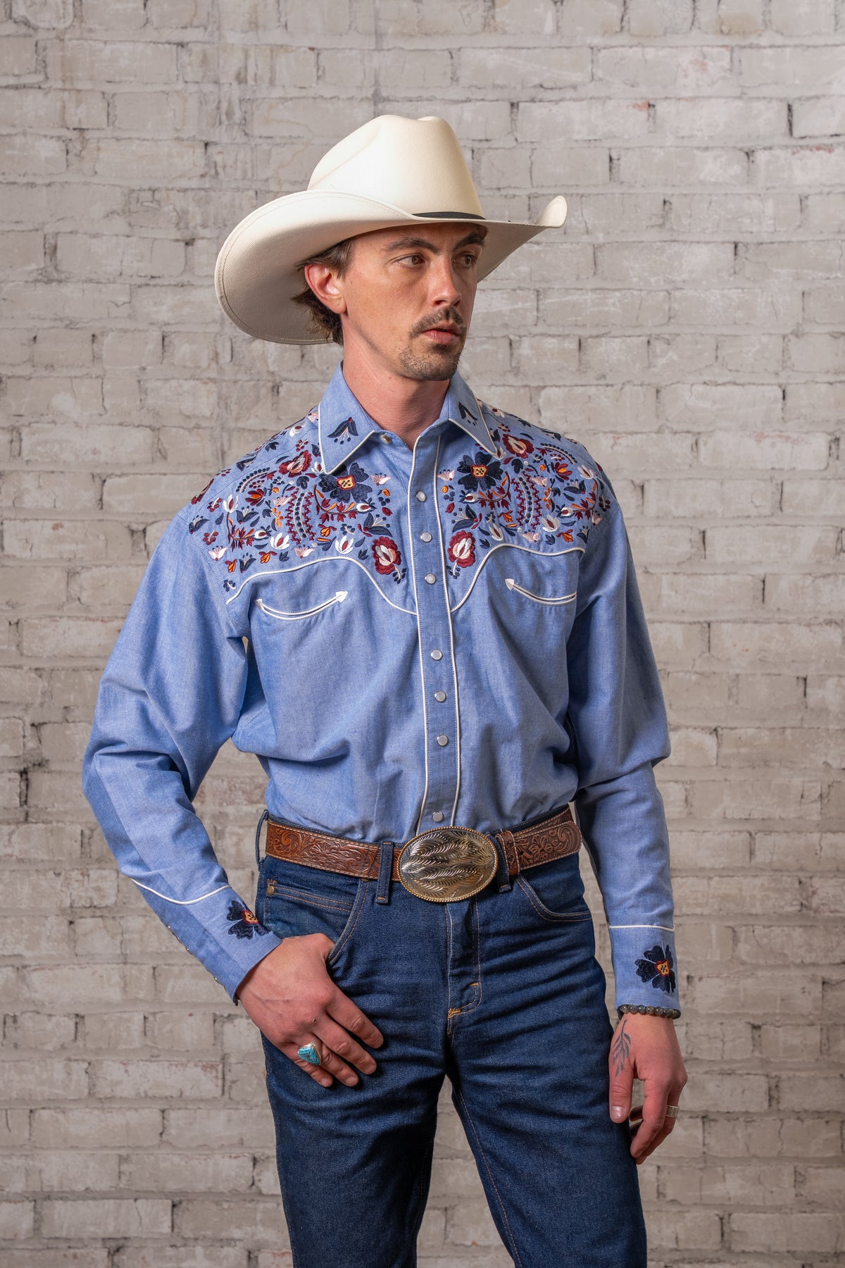 Men's Vintage Blue Floral Embroidered Western Shirt by Rockmount Ranch Wear in denim with embroidered western shirt