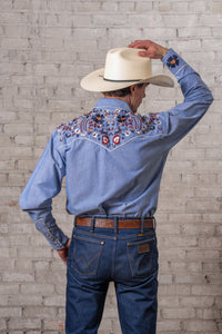 Men's Vintage Blue Floral Embroidered Western Shirt by Rockmount Ranch Wear in denim with embroidered western shirt