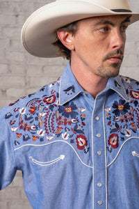 Men's Vintage Blue Floral Embroidered Western Shirt by Rockmount Ranch Wear with floral western shirt snaps