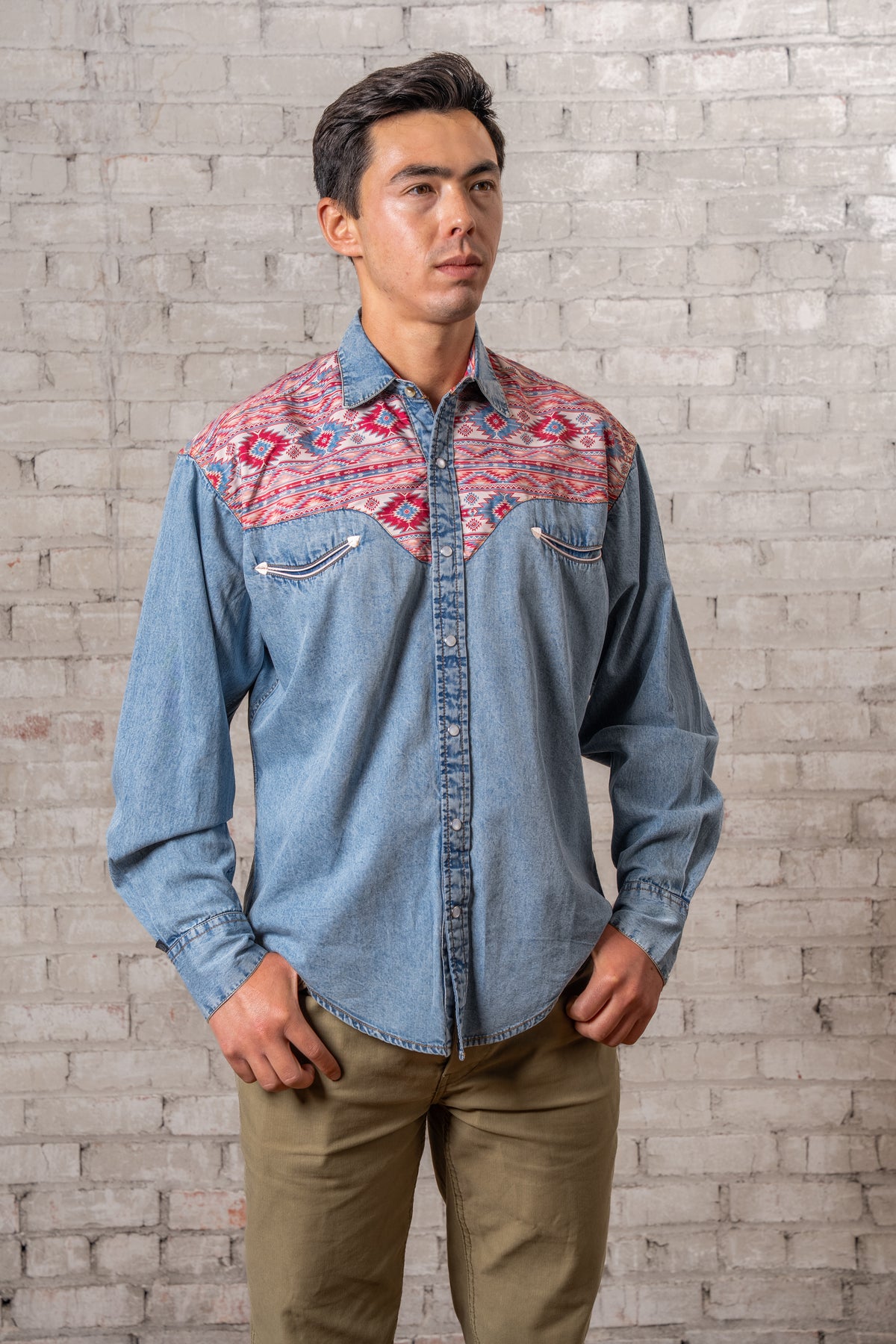 Men's Vintage 2-Tone Denim Native Pattern Embroidery Western Shirt by Rockmount Ranch Wear with embroidered arrowhead detail