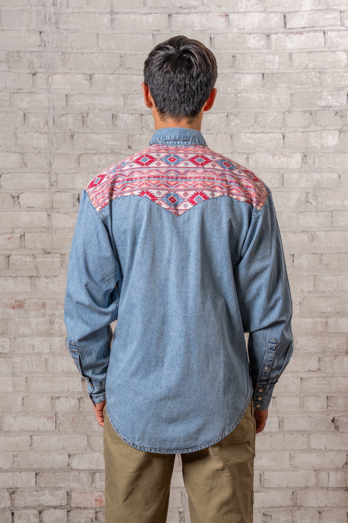 Men's Vintage 2-Tone Denim Native Pattern Embroidery Western Shirt by Rockmount Ranch Wear with embroidered arrowhead detail