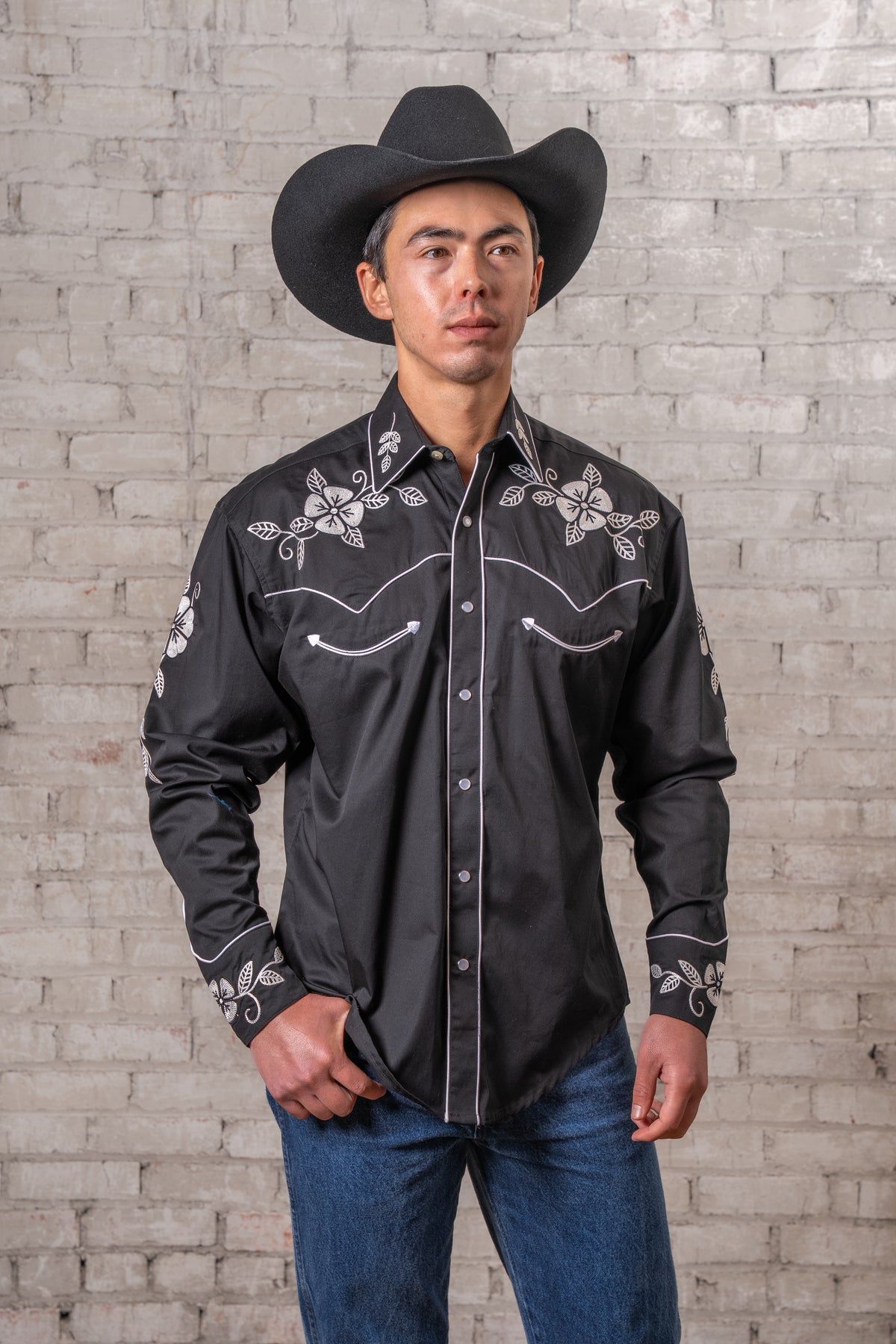 Men's Vintage Black Floral Embroidered Western Shirt by Rockmount Ranch Wear with floral embroidery and snap cuffs