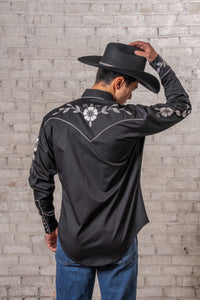 Men's Vintage Black Floral Embroidered Western Shirt by Rockmount Ranch Wear with floral embroidery and snaps