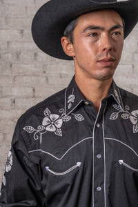 Men's Vintage Black Floral Embroidered Western Shirt by Rockmount Ranch Wear with floral embroidery and snap cuffs