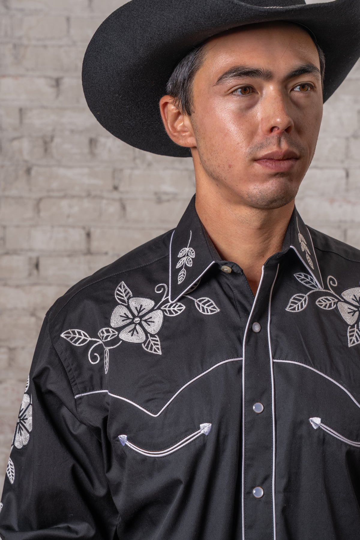 Men's Vintage Black Floral Embroidered Western Shirt by Rockmount Ranch Wear with floral embroidery and snap cuffs
